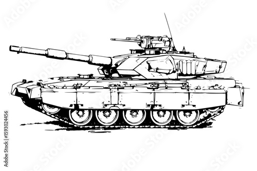 Military tank in line art style, side view illustration, armored vehicle design concept