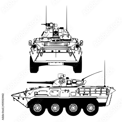 Military armored personnel carrier in line art style, front and side view illustration, APC design concept