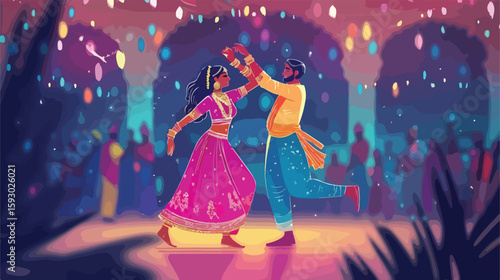 Traditional Hindu couple Navratri festival dance