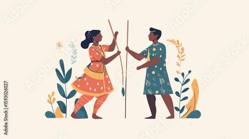 Traditional Hindu stick dance flat vector illustration