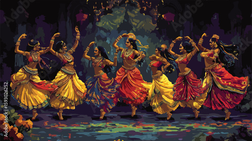 Vibrant Hindu dancers in Navratri festival