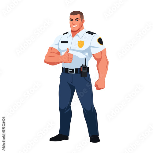 Cartoon security guard with muscular build gives a thumbs-up gesture, wearing a uniform and radio.