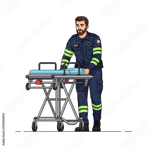 Cartoon illustration of a male paramedic in uniform pushing an empty blue and silver medical gurney on a white background.