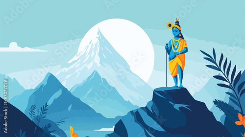 Hindu God Krishna Mountain Vector Illustration