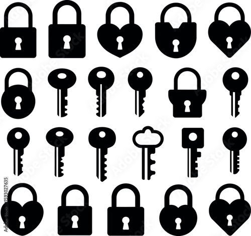 Collection of black silhouette padlocks and keys on white background security safety