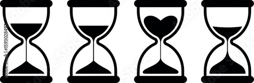 Four black hourglass icons showing different stages of sand flow time timer