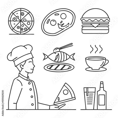 Chef with pizza icon set on white background