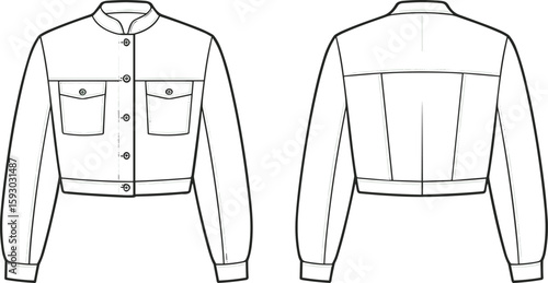 Cropped jacket mockup, front and back view, stylish button-up design, flap pockets illustration, fashion garment template, outerwear clothing concept