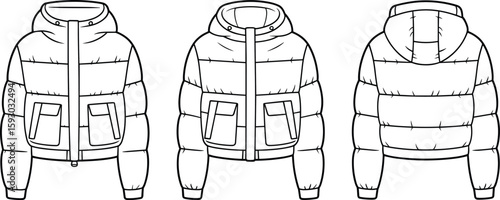 Puffer jacket mockup, front side and back view, warm winter fashion, insulated outerwear design, stylish hoodie, clothing illustration, apparel template