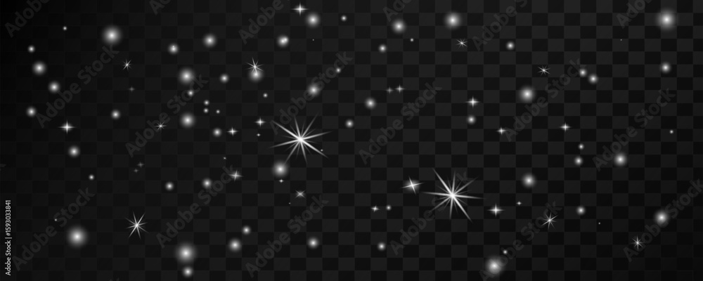 Vector blue shimmering starry background, glitter on transparent background. Light effect. Vector shimmering glitter effect. Sun glare with rays and highlights. Stars shine, sparkles twinkle.