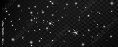 Vector blue shimmering starry background, glitter on transparent background. Light effect. Vector shimmering glitter effect. Sun glare with rays and highlights. Stars shine, sparkles twinkle. 