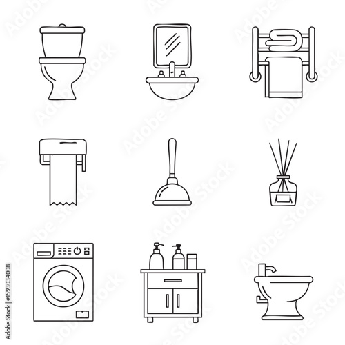 Bathroom essentials collection featuring toilet sink towel rack paper dispenser plunger diffuser washing machine vanity and bidet