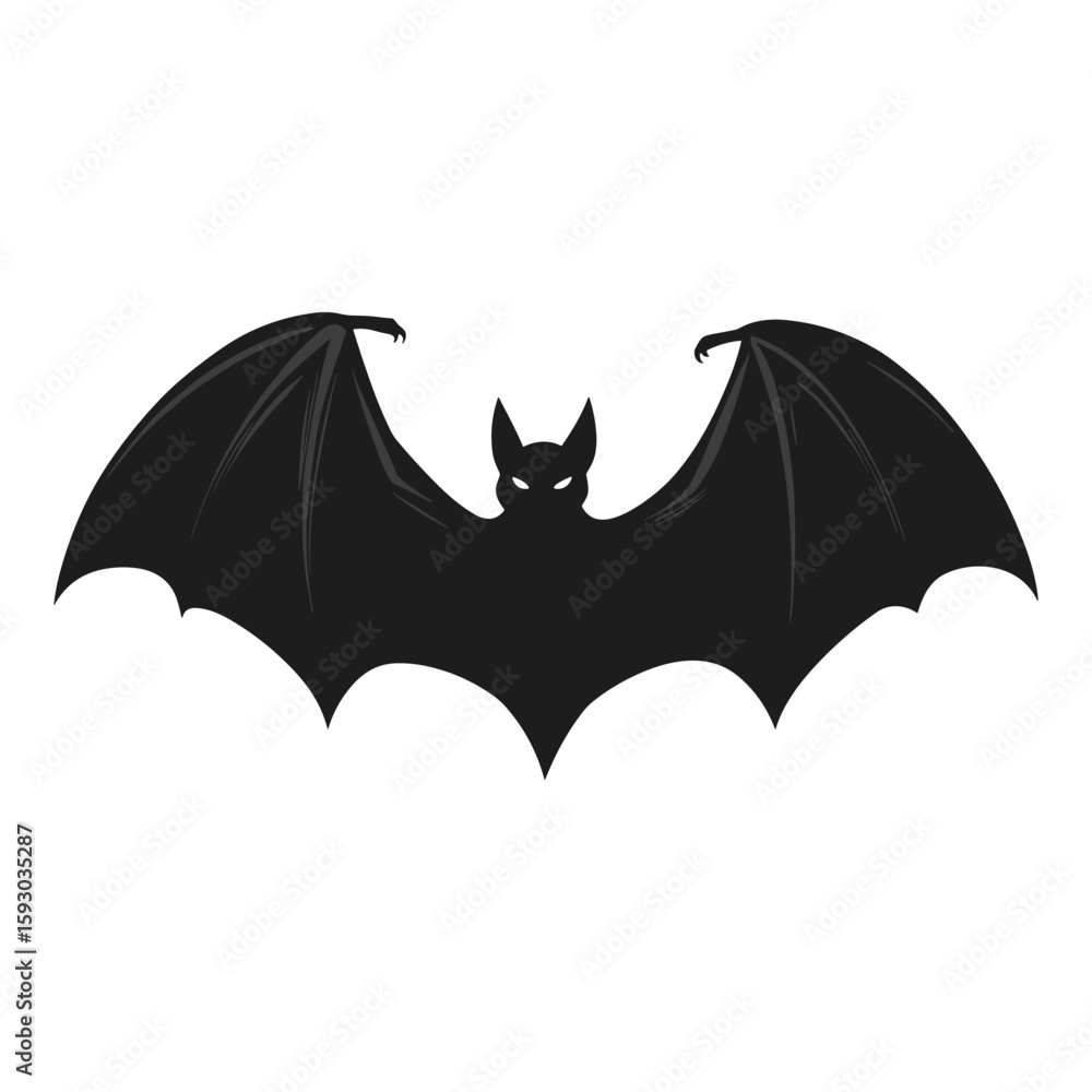 Fototapeta premium Black Bat Silhouette with Outstretched Wings on White Background