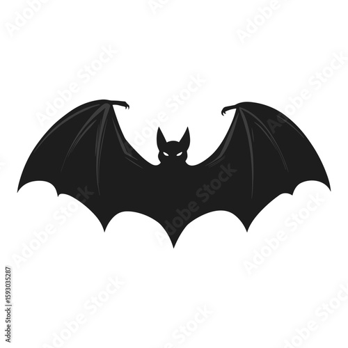 Black Bat Silhouette with Outstretched Wings on White Background