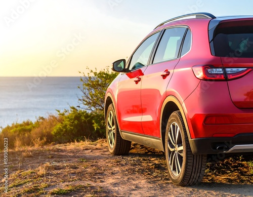 Red SUV overlooking the ocean