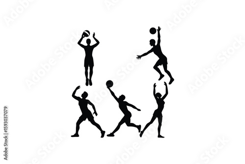 Black Silhouettes of Volleyball Players in Action Serving Spiking and Blocking on a White Background