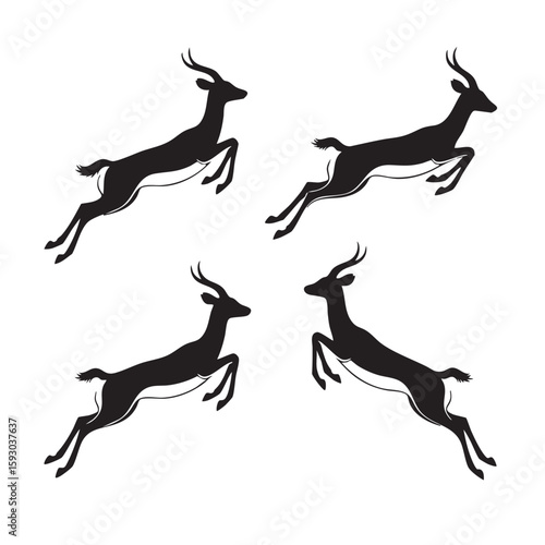 Black gazelle silhouettes leaping gracefully across a white background antelope jumping