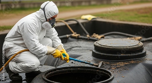 Septic Tank Cleaner in Protective Suit Using Suction Hose