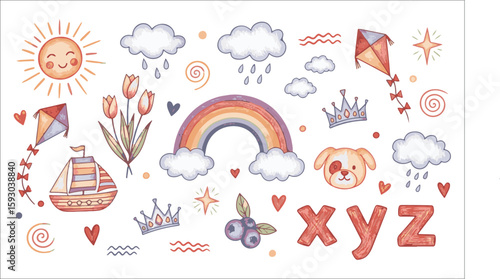Happy sun rainbow clouds kite dog boat tulips crowns berries