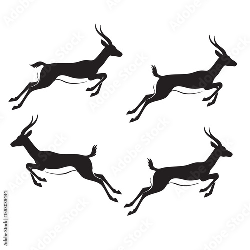 Black gazelles leaping gracefully across white background antelope jumping