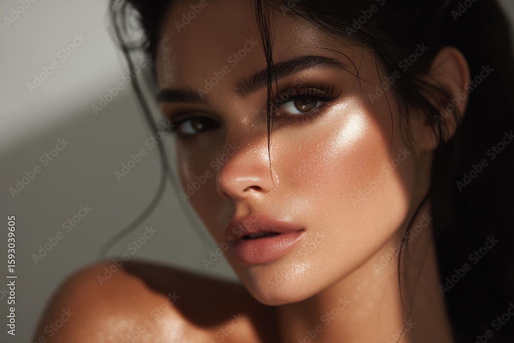Naklejka premium A radiant woman with flawless skin, hair, and a subtle beauty, capturing her elegant and graceful appearance, with the gentle touch of natural light enhancing her features.