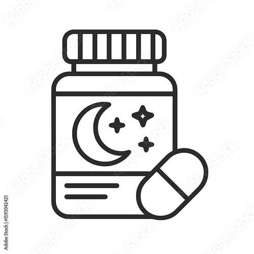 Melatonin supplement bottle with capsule in minimalistic style  