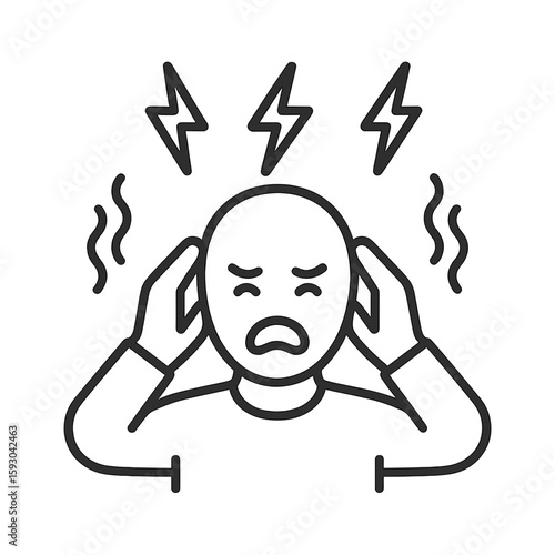 Man feeling stress with hands on head and lightning bolts around  