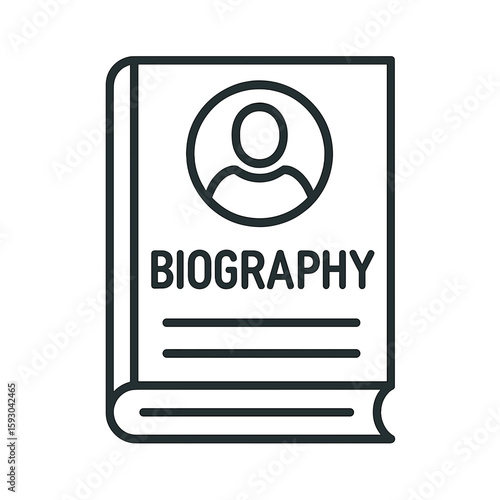 Line drawing of a biography book with personal profile illustration  