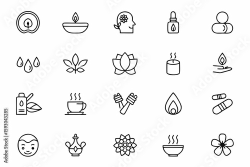 A calming bundle featuring wellness-themed line illustrations centered on holistic health and natural remedies. Ideal for wellness brands, spas, naturopaths, and essential oil packaging