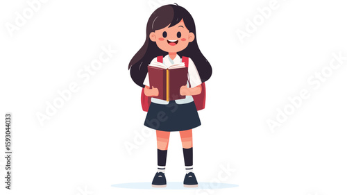 Happy schoolgirl with book in center