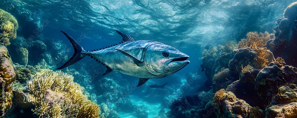 Fototapeta premium A vibrant underwater scene featuring a majestic fish gliding gracefully amidst colorful coral reefs and marine vegetation, showcasing the beauty of ocean life and biodiversity.
