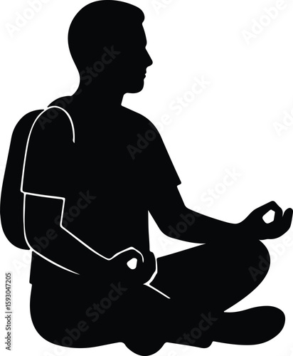 Silhouette man meditating in lotus position with backpack Vector Illustrator