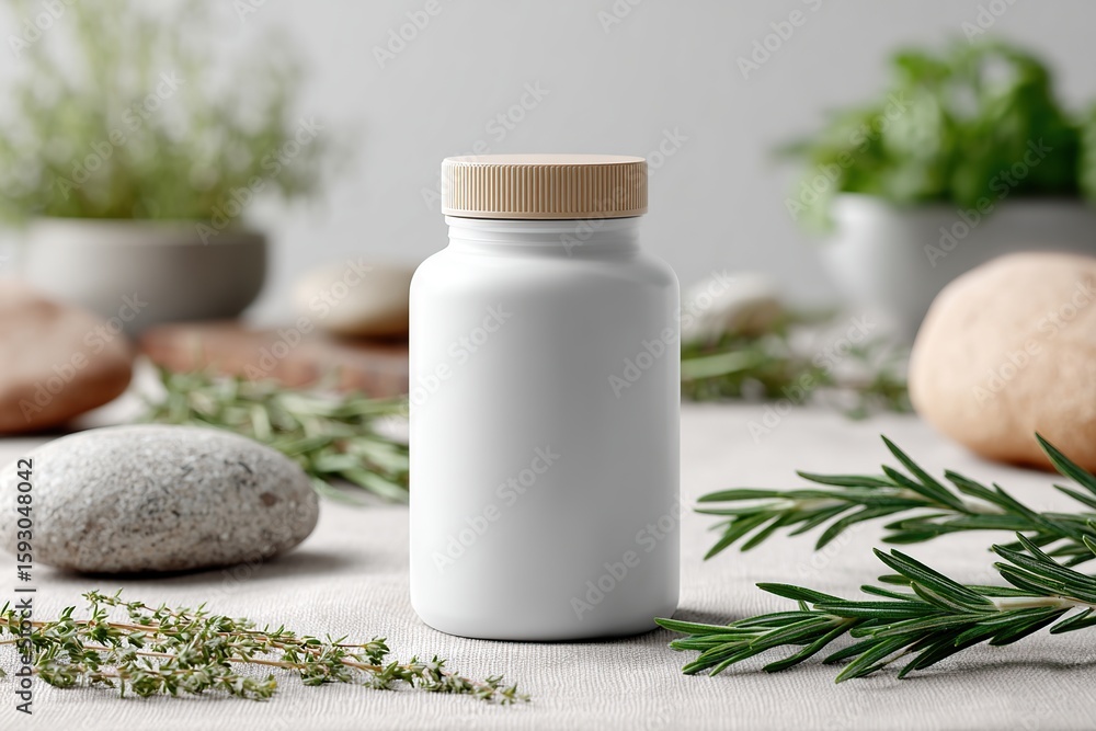 Mockup of a matte white supplement jar with natural elements and greenery in a serene setting Mockup of a matte white supplement jar with natural elements and greenery in a serene setting