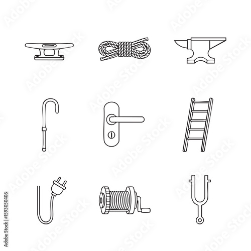 Cleat coiled rope anvil cane door handle ladder plug winch tuning fork blacksmith anvil