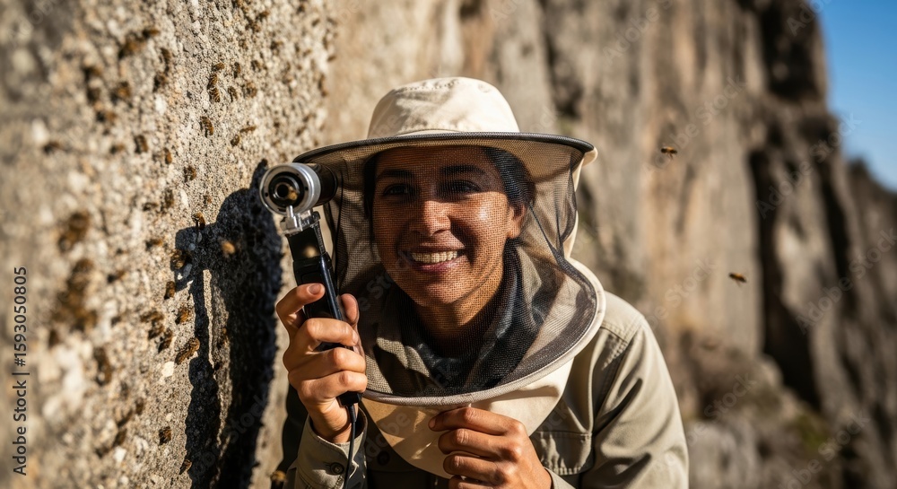 Obraz premium Female beekeeper observing bees in natural rocky habitat