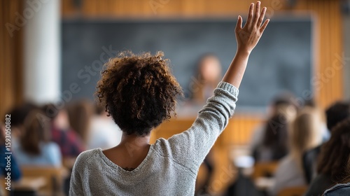 Student raising hand in class actively engaging with lesson and teacher seeking clarification on subject matter discussed in school