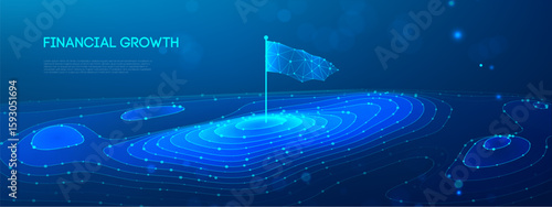 Flag on mountain peak symbolizing tech business success and leadership growth. Abstract 3D wireframe design with climbing arrow showing career achievement path. Vector illustration.