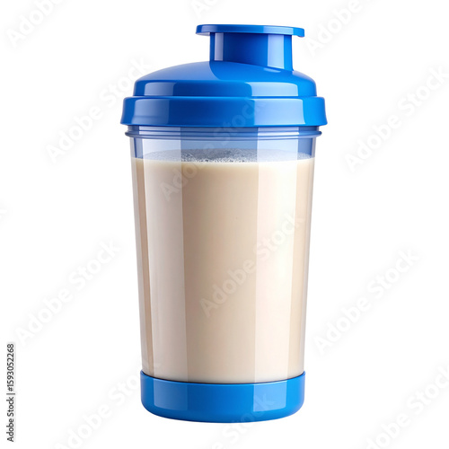 Creamy Beige Protein Shake in Blue Shaker Bottle,clipart, cut out, no background ,PNG die-cut for advertising