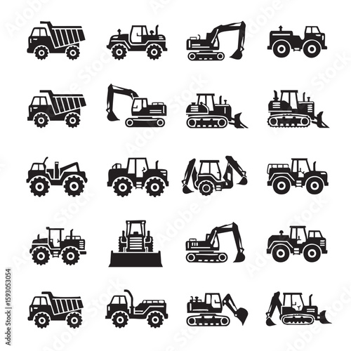 Construction vehicles and equipment icons heavy machinery trucks