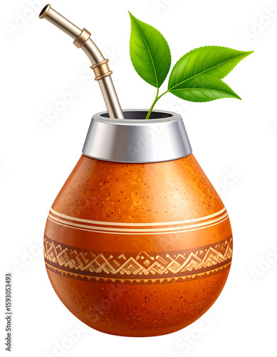 Orange Gourd Mate Cup with Silver Straw and Green Leaves,clipart, cut out, no background ,PNG die-cut for advertising
