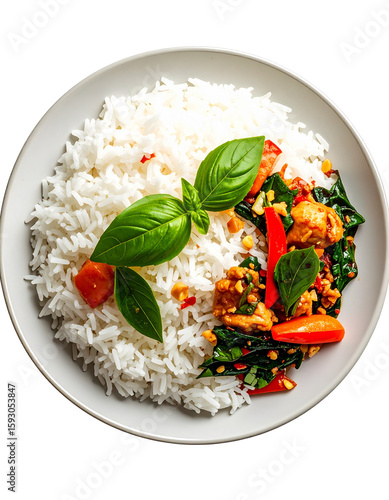 Overhead View of Chicken Stir fry with White Rice and Basil Garnish,clipart, cut out, no background ,PNG die-cut for advertising