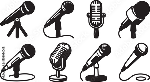Various microphones displayed in black silhouette audio sound