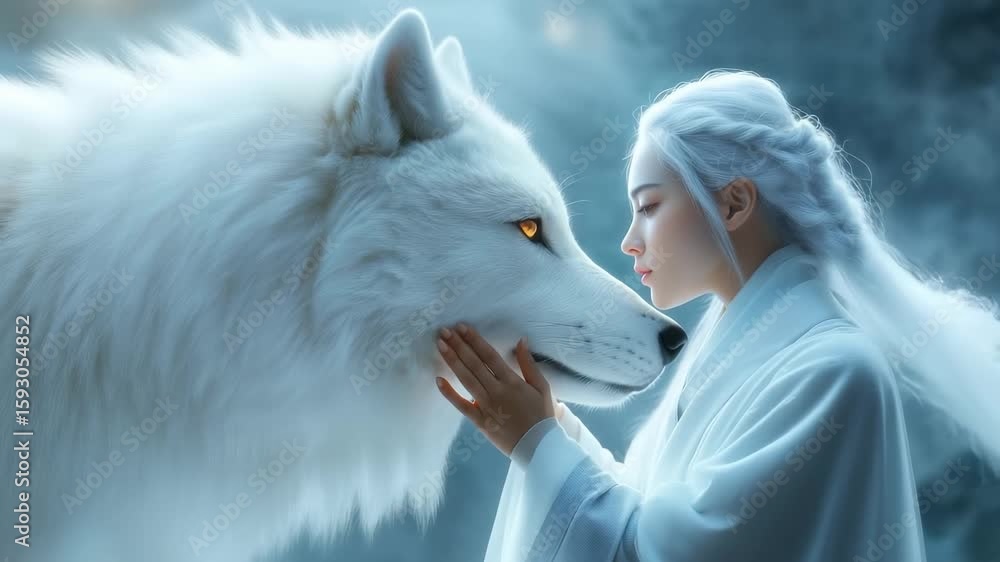 Young woman with pale hair in white robe touching white wolf with golden eyes in misty blue environment. Intimate moment of trust and companionship.