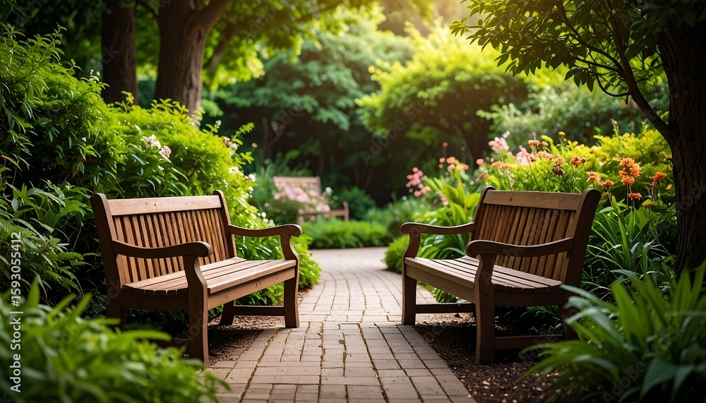 Obraz premium Peaceful garden path with benches