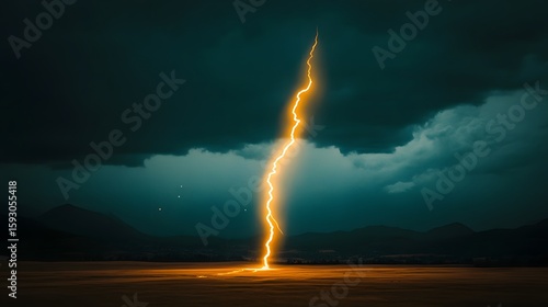 Dramatic Lightning Strike over Dark Landscape Night
