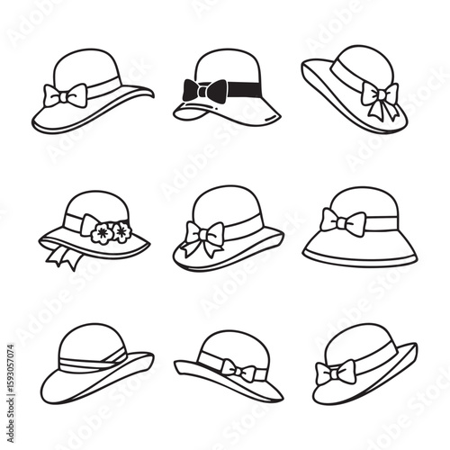 Various styles of elegant hats adorned with bows and ribbons fashion accessories
