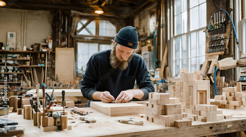 Bearded craftsman meticulously working on a wooden project in a well lit workshop filled with tools and materials Bearded craftsman meticulously working on a wooden project in a well lit workshop filled with tools and materials