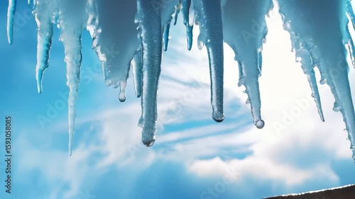 Detailed close-up of intricate icicle formations with water droplets, suspended against soft blue sky background. Melting process captured with delicate ice structures.
