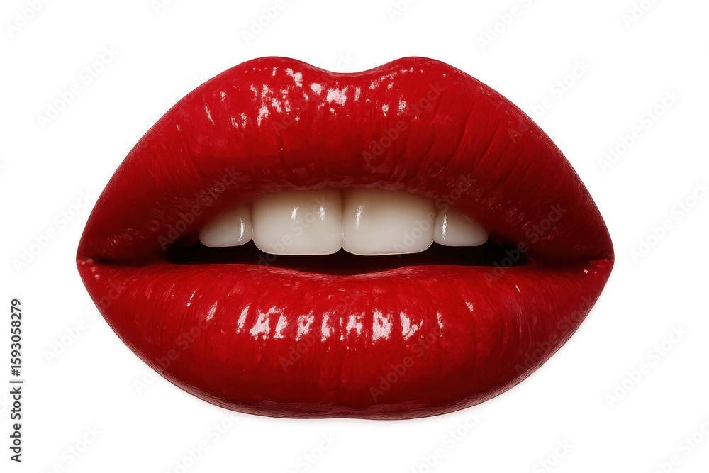 Obraz premium Sexy glossy red lips slightly open showing white teeth on transparent background