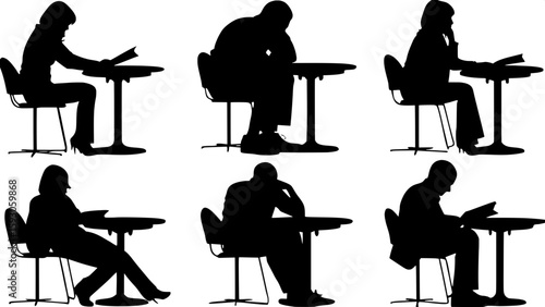 A series of six black silhouette illustrations of individuals sitting alone at small round tables. Each person is positioned uniquely—some hunched over, others leaning back or reading. The chairs and 